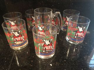 1987 Spuds Mackenzie Bud Light 7 Rocks Glasses (tumblers) 1 Beer Mug - Christmas