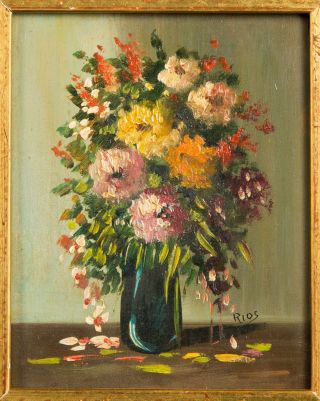 Mid Century Miniature Floral Painting,  Oil On Board,  Signed 