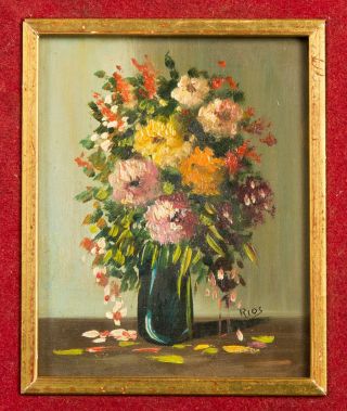 Mid Century Miniature Floral Painting,  Oil on Board,  Signed ' Rios ' 3