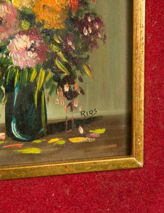 Mid Century Miniature Floral Painting,  Oil on Board,  Signed ' Rios ' 4