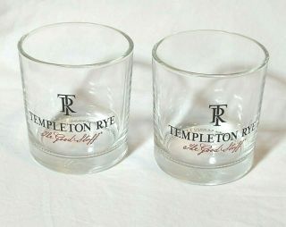 Templeton Rye Whiskey " The Good Stuff " Two 12oz Rock Glasses Logo Inside Bottom