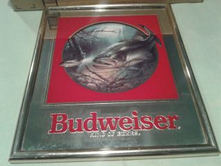 Vintage Budweiser Bass Fish Beer Mirror Sign Bar Man Cave Wildlife Fishing Rare