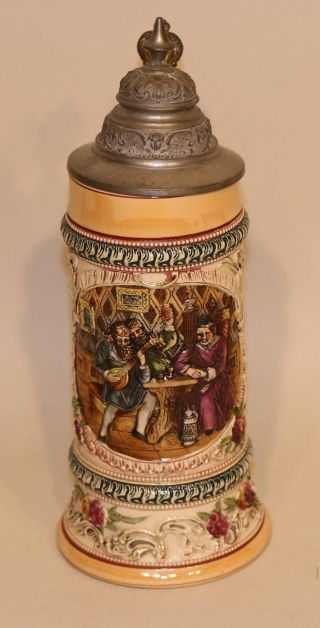 German Pottery Lidded Beer Stein Trink Freund Noch Lang Bei Spiel Und Song