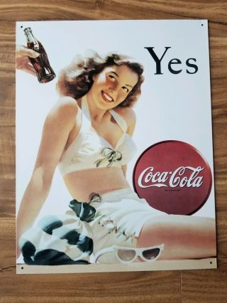 Coca Cola Coke Yes White Bathing Suit Advertising Vintage Retro Metal Tin Sign