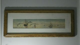 Antique 19thc Signed Ships & Boats In Harbor Nautical Watercolor Painting