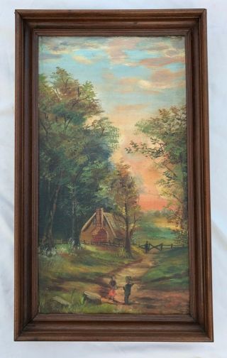 Antique Vintage 19th Century Oil Painting On Canvas Landscape Walnut Frame