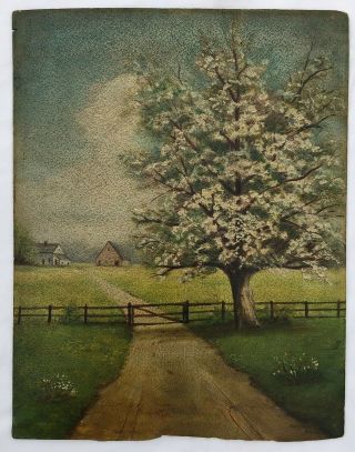 Antique Vintage Early 20th Century Oil Painting On Board Spring Landscape Scene