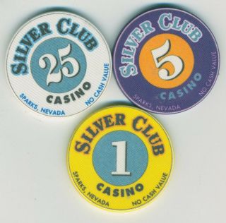 Uncirculated Set Of 3 No Cash Value (ncv) Chips From The Silver Club,  Sparks Nv