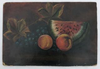 Antique Late 19th Century Oil Painting On Board Still Life Grapes Watermelon