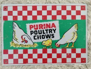 Vintage Purina Poultry Chows Metal Advertising Sign - Red Back - 14 " X 10 "