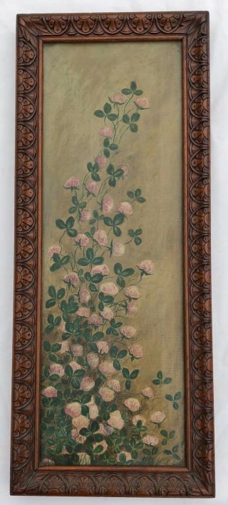 Antique 19th Century Oil Painting On Canvas Red Clover Decorative Walnut Frame