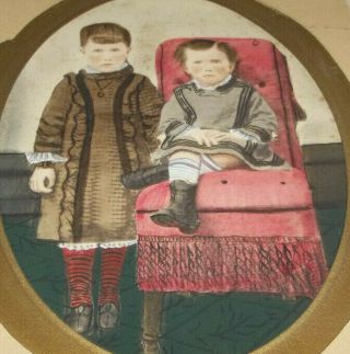 Unusual Antique Vtg Watercolor Painting Potrait of 2 Solemn Children - no frame 2