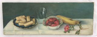 Antique Victorian 19th Century Oil Painting On Canvas Still Life Table Setting