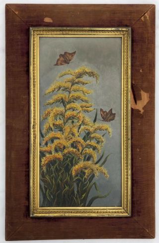 Antique 19th Century Oil Painting On Canvas Butterflies Goldenrod Nature Scene