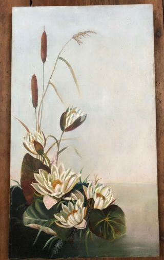 Antique Large 19th Century Oil Painting On Canvas Cattails Pond Lilies Marsh