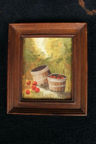 Small Framed Oil Still Life Board Apples Basket Vintage Antique Glyna B48
