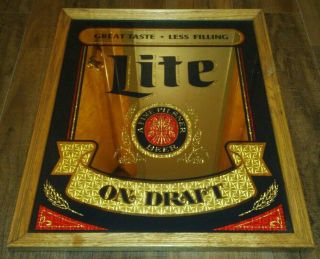 Vintage Miller Lite Beer Framed Mirror Sign On Draft Large Great Color 21x17