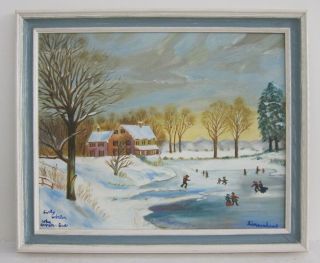 Vtg 1970s Primitve Folk Americana Oil Painting Winter Skating Signed Linnenhand