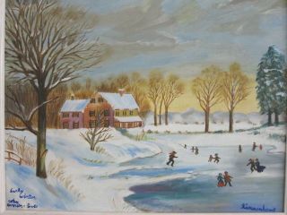 VTG 1970s Primitve Folk Americana Oil Painting Winter Skating Signed Linnenhand 2
