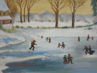 VTG 1970s Primitve Folk Americana Oil Painting Winter Skating Signed Linnenhand 3