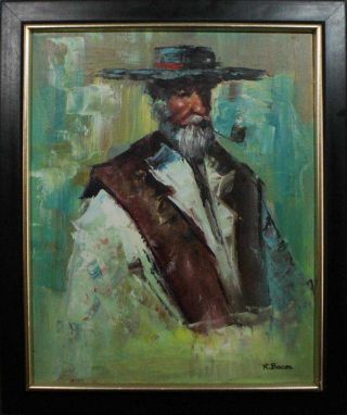 Oil Painting Circa 1975 Bearded Man With Pipe,  Possibly A Gaucho