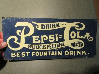 Vintage Tin Tacker Double Dot Pepsi Sign 5 Cent Fountain Drink Estate Find