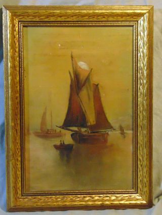 Antique Small Moon Luminist Sailing Ship In Calm Waters W/ Frame