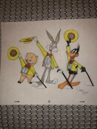 Virgil Ross Sketch Bugs Bunny Porky Pig Daffy Duck Signed 12.  5x10.  5 Looney Tunes
