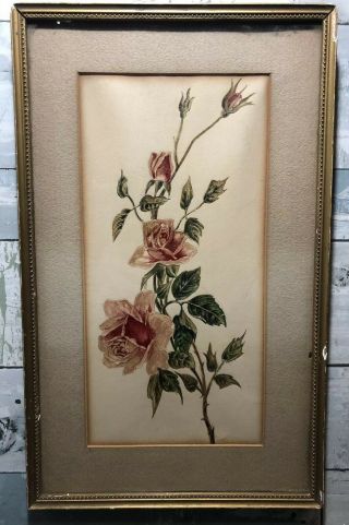 Antique Floral Oil Painting Of Pink Wild Roses Gold Gilt Gesso Frame