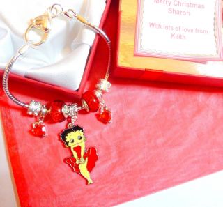 Betty Boop Charm Bracelet Heart Clasp Any Wording Personalised Gift Box,  Tag