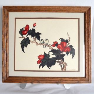 Vtg Watercolor & India Ink Oak Frame Wall Art Flowers Tree Bird Wilson