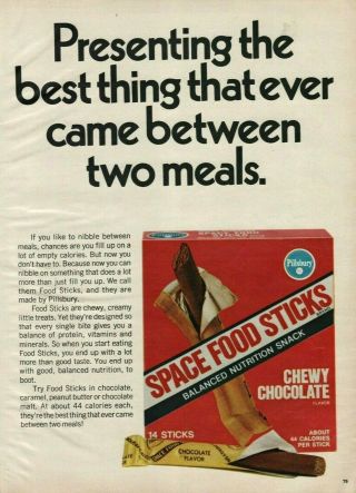 1971 Pillsbury Space Food Sticks Chewy Chocolate Box Astronaut Nasa Snacks Ad