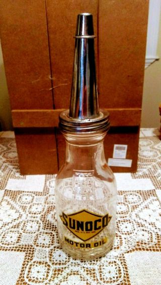 Sunoco Oil Can Glass Bottle Metal Funnel Spout 1938 Good Graphics