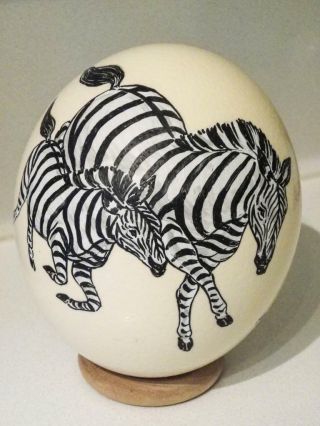 Hand Painted Zebras On A Large Ostrich Egg - Signed - From South Africa 1980 