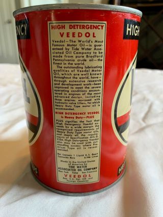 Vintage Veedol Motor Oil Can High Detergency Heavy Duty Plus Tide Water Oil Co 8