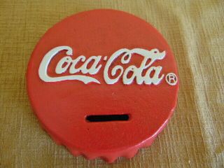 Coca Cola Bottle Cap Coin Bank Paperweight Soda Pop Coke Cast Iron Usa Red