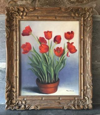 Mid Century Oil On Canvas Still Potted Red Tulips Carved Gold Wood Frame Signed