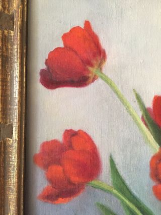 Mid Century Oil On Canvas Still Potted Red Tulips Carved Gold Wood Frame SIGNED 3