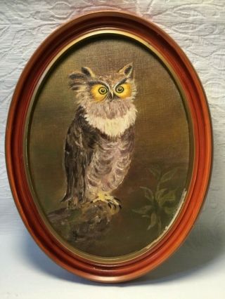 Vintage Oil Painted Perched Owl Framed Oval Canvas Panel Personalized 11 X 14