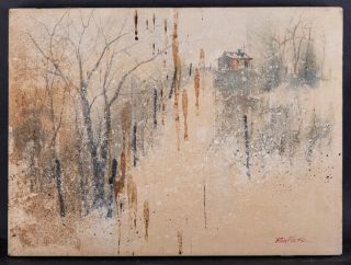 American Artist Rex Fluty 1936 - 2009 Abstract Oil On Canvas " Winter Scene "