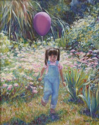Rush Cole Painting Oil Canvas Framed " Young Girl With Purple Balloon "