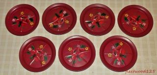 Vtg Set Of 7 Aluminum Coasters Red With Floral Designs / Decorative