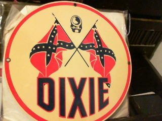 Vintage Dixie Gas Oil Porcelain Pump Sign Plate Confedrate Flag Ande Rooney Usa