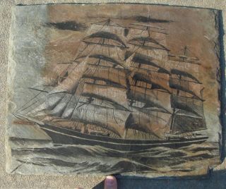 Slate Painting With Etching: 19th Century British Merchant Ship