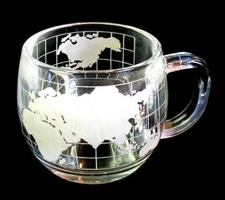 Vintage 1960 ' s Heavy Glass Mug MAP OF THE WORLD by NESTLE Nescafe 3 inch 2