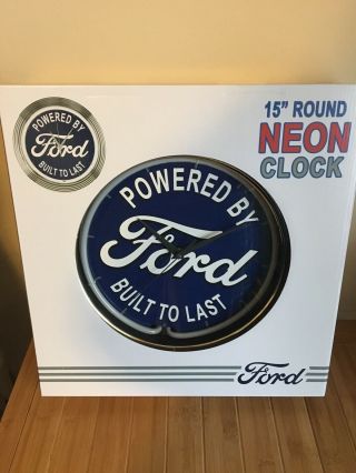 Ford 15 " Round Neon Wall Clock Powered By Ford Built To Last
