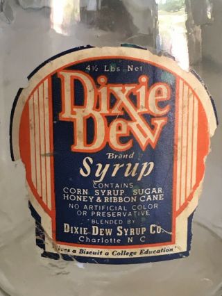 Vintage 1930s 40s Dixie Dew Syrup Glass Bottle Jar Charlotte Nc