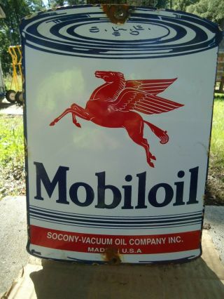 Vintage Mobiloil Motor Oil Can Porcelain Gas Pump Sign