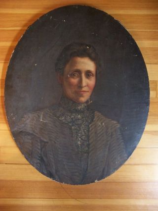 Antique Portrait On Canvas Painting Of 19th Century Woman