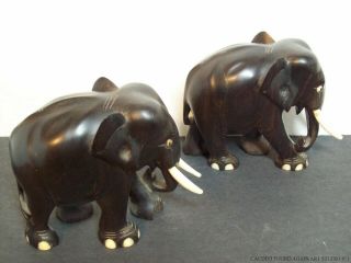 Vintage Hand Carved Wood Elephants With Tusks & Inlaid Toes 2 Set Wooden Statues